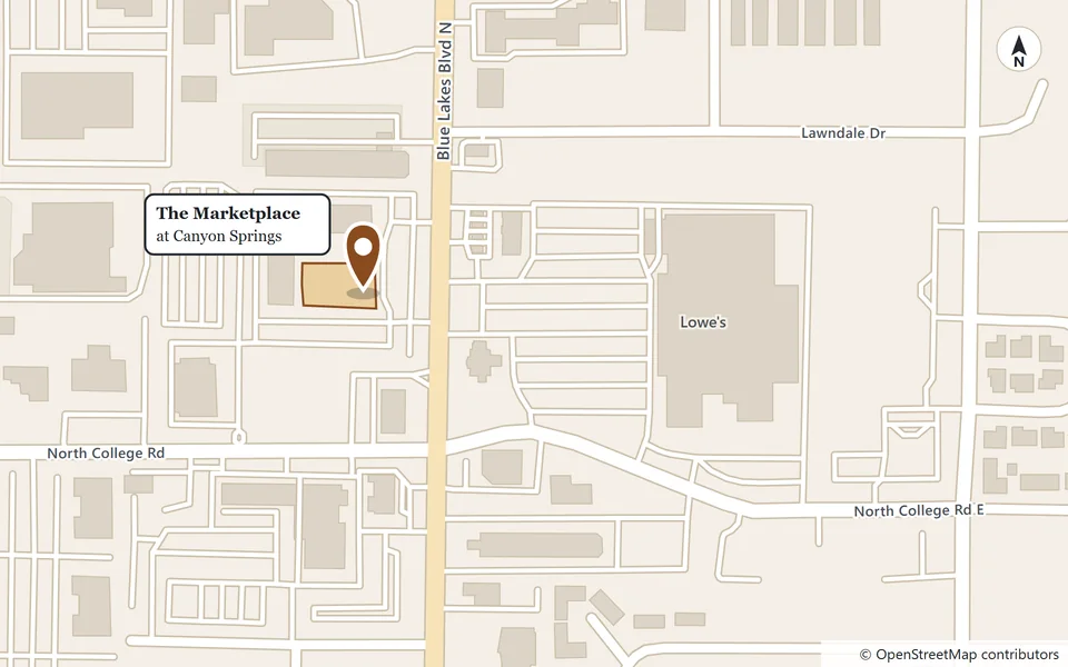 Street map showing The Marketplace at Canyon Springs on the west side of Blue Lakes Boulevard North, just north of North College Road and across the street from Lowe's.